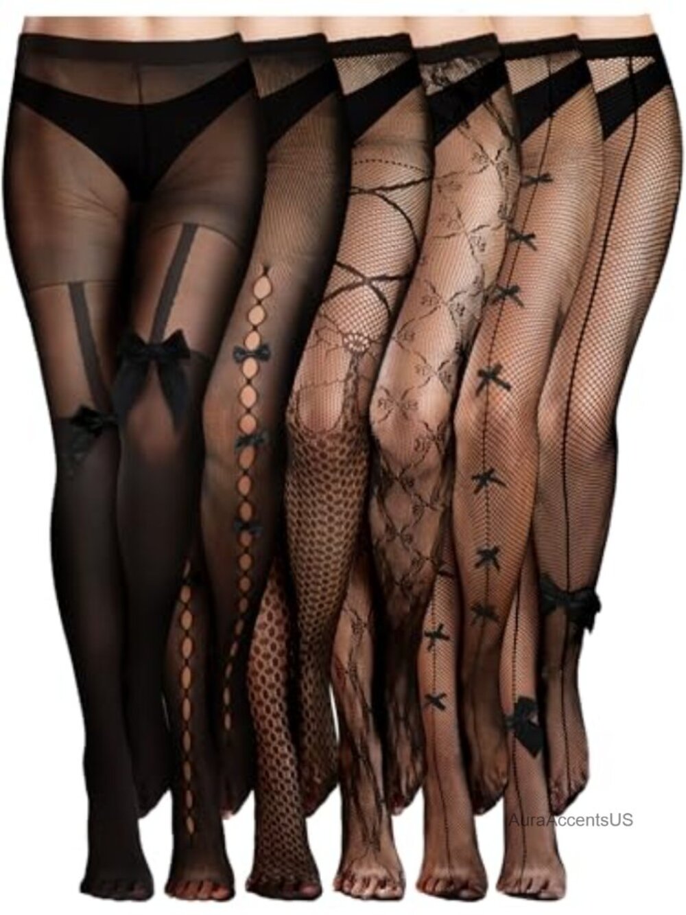 6 Pairs Women Fishnet Stockings Variety Pack Bow Thigh High Halloween Hosiery